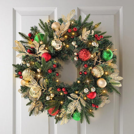 28’’ Pre-Lit Artificial Christmas Wreath Battery Operated 35 LED Lights with Gold, Green, and Red Ornaments, Glittering Gold Leaf Steams for Front Door, Xmas Wreath for Holiday Christmas Decorations