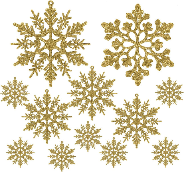 Plastic Christmas Glitter Snowflake Ornaments Christmas Tree Decorations, Gold Plastic Snowflake Ornaments for Winter Wonderland Christmas Party Decorations