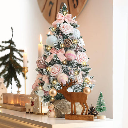 WBHome 1.8 Feet Pre-lit & Pre-Decorated Tabletop Christmas Tree, Rose Gold Ornament Decorations with Pine Cones, Snow Flocked Mini Christmas Tree with Lights, 35 Bulbs (1.8FT)