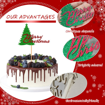 Christmas Cake Topper Red Glitter Merry Christmas Cake Topper Christmas Tree Party Cake Decoration for Christmas Xmas Holiday Party Cake Supllies-10pcs