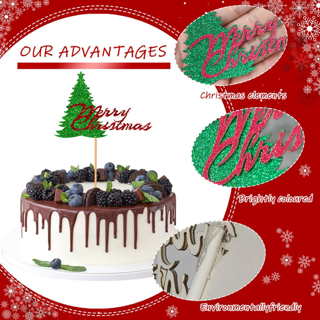 Christmas Cake Topper Red Glitter Merry Christmas Cake Topper Christmas Tree Party Cake Decoration for Christmas Xmas Holiday Party Cake Supllies-10pcs