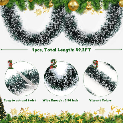 BLEUM CADE 1Pcs 49.2Ft Christmas Tinsel Garland, Green Tinsel Garland with Frost Tip for Xmas Tree Decorations Holiday Birthday Wedding Party Supplies