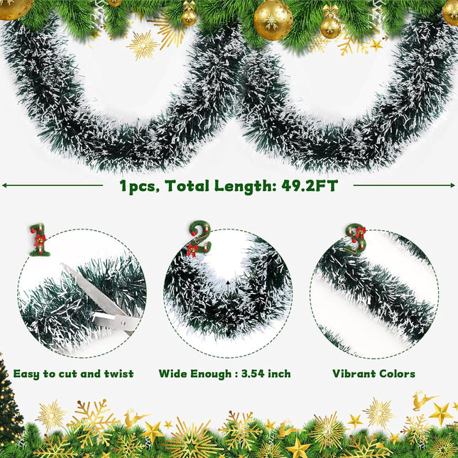 BLEUM CADE 1Pcs 49.2Ft Christmas Tinsel Garland, Green Tinsel Garland with Frost Tip for Xmas Tree Decorations Holiday Birthday Wedding Party Supplies