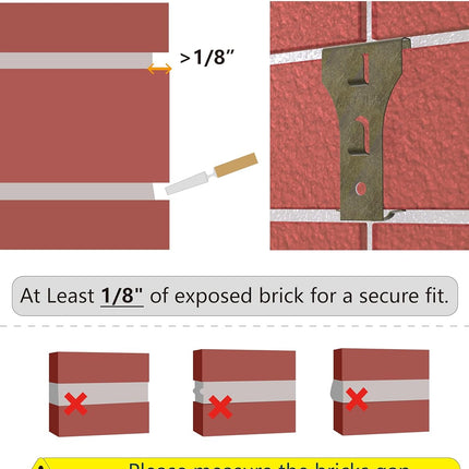 Brick Hook Clips (4 Pack) - Require More Than 1/8” Brick Wall Cement Gap Fits 2-1/4 to 2-2/5 Inch Bricks Outdoor Brick Hangers Wall Clips for Hanging - Mounting to Brick Without Drilling