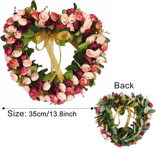 Heart-Shaped Garland Wreath Vintage Art Simulation Rose Flowers Wreath for Home Decoration Wedding Wine Red (14inch, Heart)