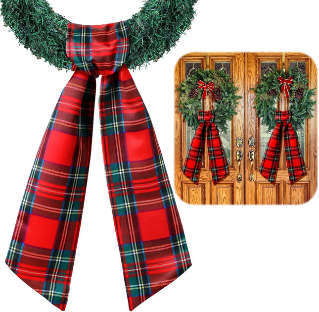 2 Pcs Wreath Sash for Front Door Wreath Sash Wreath Accessories for Embroidery Monogram Outdoor Indoor Party Yard Doorway 4.5 W x 56 L(Red,Plaid)