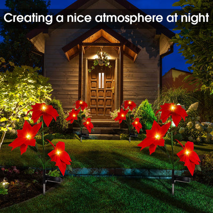 VIHOSE 4 Pieces Christmas Solar Poinsettia Stake Flowers Lights Waterproof Trees Pathway Lights Poinsettia Garden LED Lights Outside Decorations for Pathway Yard Garden Lawn Outdoor Decorative