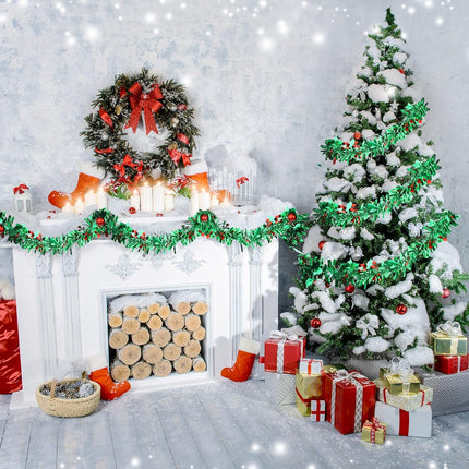 Christmas Tinsel Garland Decorations Green Metallic Garland with Red Berries Leaves Christmas Tree Tinsel Garland Green Metallic Garland for Christmas Tree Ceiling Hanging Decoration(6 Pcs,39 Feet)
