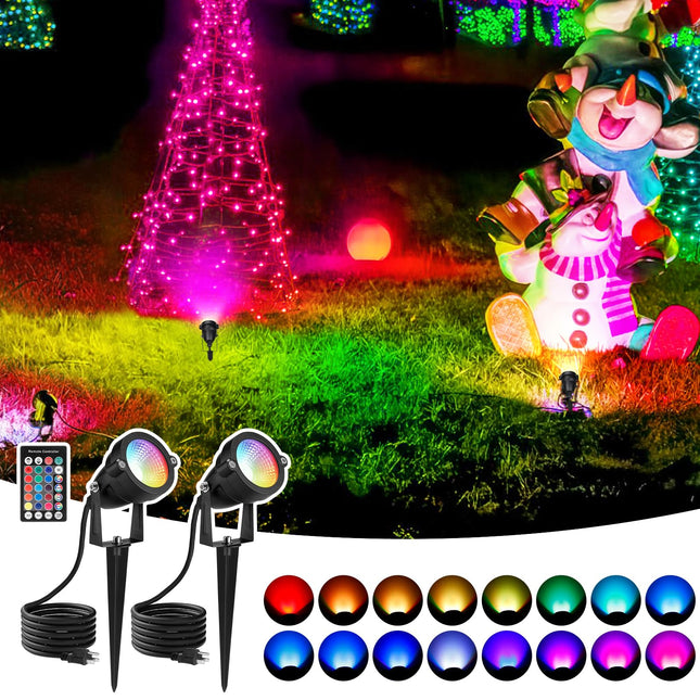 15W Christmas Spotlights Outdoor 16 Colors Changing - Waterproof RGB LED Landscape Spot Lights with Remote Control, 1000lm 120V Outdoor Uplights for House Yard Garden Patio Lawn Decoration, 2 pcs