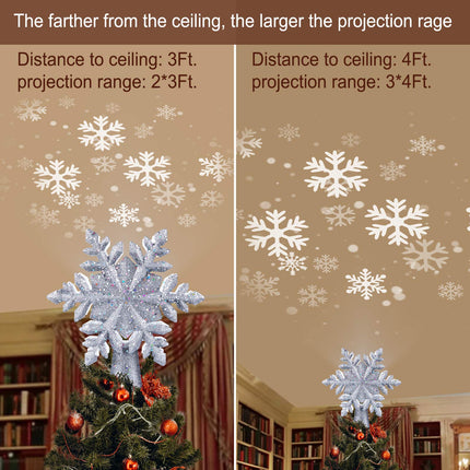 Christmas Tree Topper Lighted with Built-in Led Rotating Snowflake Projector Lights, 9.6” Hollowed Tree Topper with Silver Spangles Plug In for Indoor Home Xmas Year Party Holiday Night Tree Decor