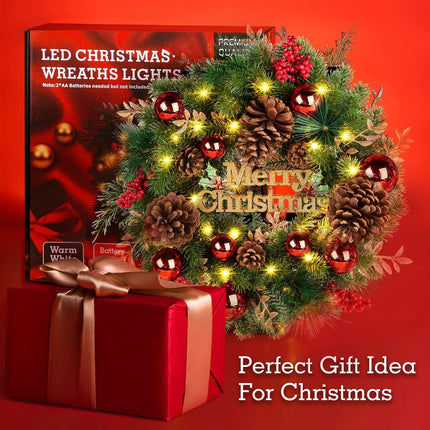 Quntis Merry Christmas Wreath with Lights, 16 Inch Pre-Lit Christmas Front Door Wreath with 8 Modes Timer, Artificial PineCones Red Berries Xmas Red Balls for Indoor Outdoor Fireplace Window Decor