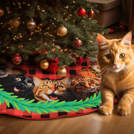 Christmas Cats Tree Skirt 48 Inches, Cat Lover s, Lace-up Kitten Red Xmas Tree Skirt for Christmas Tree Decor, Christmas Holiday Party Indoor Decor