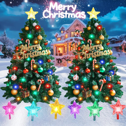 Solar Christmas Decorations Outdoor, 2 Pack 30 Inch Solar Christmas Tree Outdoor Waterproof, Artificial Pine Outdoor Christmas Trees for Yard with Christmas Ornaments, Small Christmas Tree with Lights