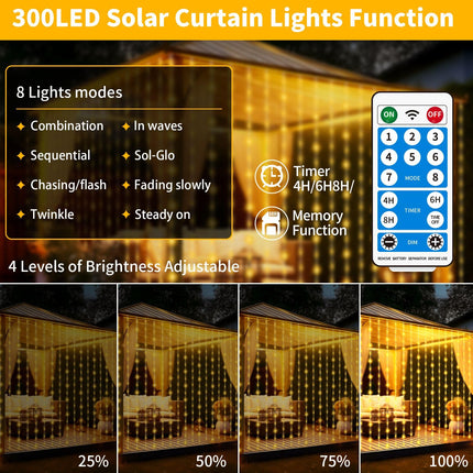 300LED Solar Curtain Lights Waterproof, 10Ft x 10Ft Twinkle Curtain String Fairy Light with Remote Control, 8 Modes, Warm White Solar Hanging Waterfall Lights for Outdoor Backdrop Gazebo Wall Xmas