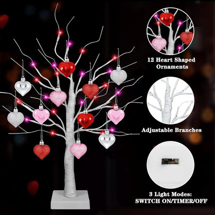 [Timer] 2 Pack 24 Inch Valentines Day Decor Tree with 24 Red Pink LED Lights and Heart Ornaments, USB/Battery Operated Valentines Decoration Tree Light, Valentines Day Decorations Home Table Bedroom