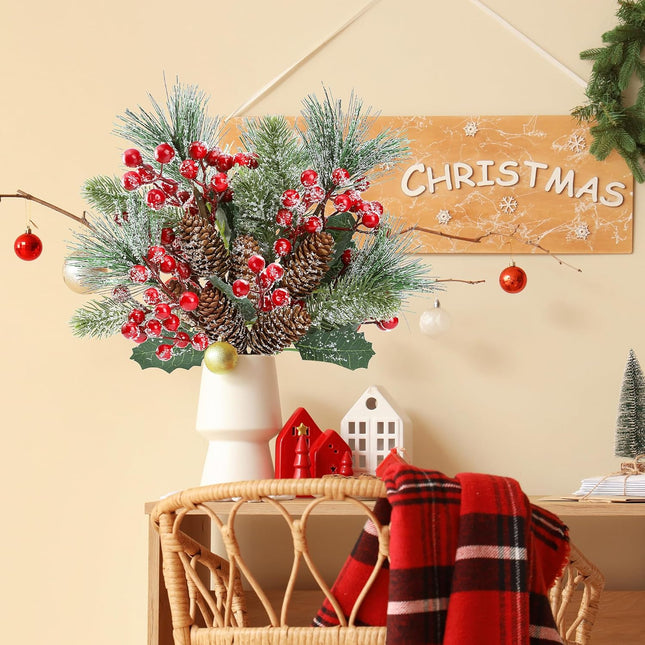 Sggvecsy 6 Pack Snow Frosted Christmas Berries Pine Picks Artificial Red Berry Pine Branches Frosted Faux Pine Stem with Pine Cones Holly Berry Leaves for Xmas Tree Wreath DIY Craft Holiday Decor
