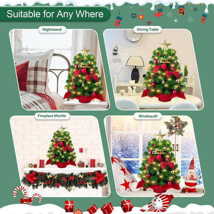 Mini Christmas Tree with Lights, Small Prelit Tabletop Christmas Tree 20”, Miniature Pine Artificial Xmas Tree with Ball Star Bowknot Ornaments for Holiday Season Desk Decoration Centerpiece