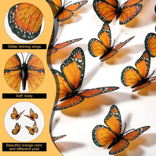 Chuangdi Monarch Butterfly Decoration 3 Size Fake Butterflies Realistic Butterfly Crafts Artificial Butterfly Wall Decor for Classroom Home Bedroom Birthday Party Decorations(Orange, 48 Pack)