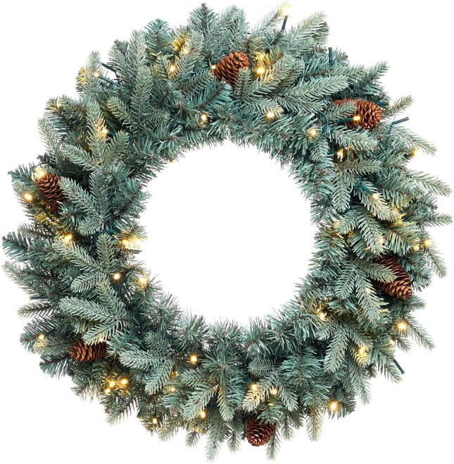 Somikis 24 Inch Christmas Wreaths for Front Door, Pre-Lit Realistic Blue Arctic Spruce Xmas Wreath with LED Lights & Pinecones, for Indoor&Outdoor Porch Windows Wall