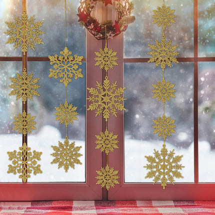Plastic Christmas Glitter Snowflake Ornaments Christmas Tree Decorations, Gold Plastic Snowflake Ornaments for Winter Wonderland Christmas Party Decorations