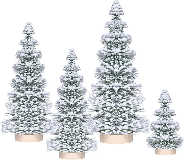 Mini Christmas Tree, Vlorart 4PCS Artificial White Bottle Brush Christmas Trees, Snow Miniature Tree, Small Bristle Christmas Trees, White Flocked Tabletop Tree with Wooden Bases for Xmas Home Decor