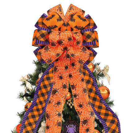 Large Halloween Tree Topper Bow - Christmas Tree Decor Bow with 3 Various Ribbons, Hanging Halloween Tree Ornaments with Ties for Home Front Door Stair Holiday Party, Orange