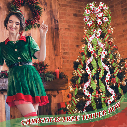 Tigeen Christmas Tree Bow Topper 52 x 12 Inch Red Green White Polka Dot Large Toppers Bow Present Bow with Glitter Streamers for Wreaths Xmas Party Holiday Festival Decorations