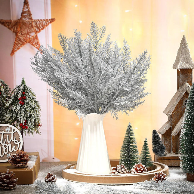 Panelee 45 Pcs Christmas Artificial Faux Cedar Branches, Artificial Pine Leaves,Christmas Greenery Fake Stems Christmas Tree Picks for Vase Garland Wreath Craft DIY Home Decoration(Silver Glitter)