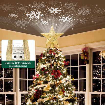 Christmas Tree Topper Lighted with 6 Projection Modes, Christmas Star Tree Topper Built-in Rotating Magic Cool Dynamic Projection, Gold 3D Glitter Tree Topper for Christmas Party Decorations
