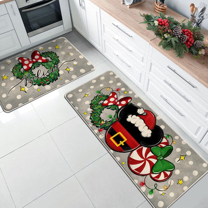 Christmas Believe Santa Mouse Kitchen Rugs Set of 2, Xmas Wreath Peppermint Candy Kitchen Mats Decor, Polka Dot Winter Holiday Door Mat Home Decorations -17x29 and 17x47 Inch