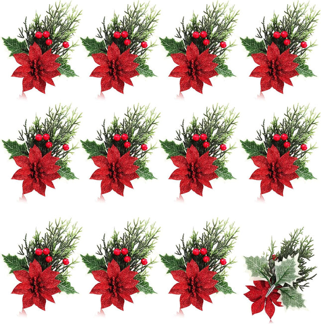 Hotop 12 Pcs Poinsettia Flowers Christmas Artificial Glitter Flower with Clips Poinsettia Christmas Decorations Artificial Christmas Flowers for Garland Wreath Tree Home Party (Red,Classic)