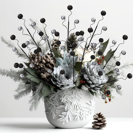 Hiboom 30 Pcs Christmas Glitter Ball Picks 14 Inch Artificial Curly Spray Ball Sticks Decorative Stem Picks for Holiday Wedding Vase Fillers Xmas Tree Topper DIY Wreath Crafts Decor (Black and Silver)