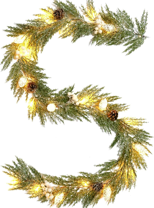 Joyhalo Christmas Garland, Cedar Garland, 6 FT Faux Real Touch Cedar Garland Artificial Realistic Hobby Lobby, Prelit Cedar Garland with Lights Battery Operated for Mantle, Stairs Railing