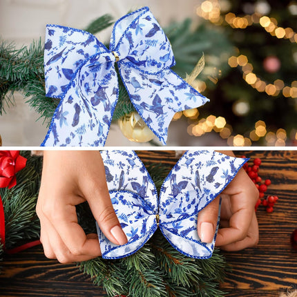 12 Pcs Christmas Bows Chinoiserie Ornaments 6.3 Inch Large Blue and White Chinoiserie Decor Christmas Wreath Bows Christma Tree Bows Ribbons for Garland Holiday Party