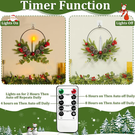 TURNMEON 2 Pack 15'' Christmas Wreaths for Front Door with LED Candles Timer Remote & Xmas Ball Pinecones Red Berries Decor, Battery Operated Lighted Xmas Wreath Decorations for Window Porch Holiday
