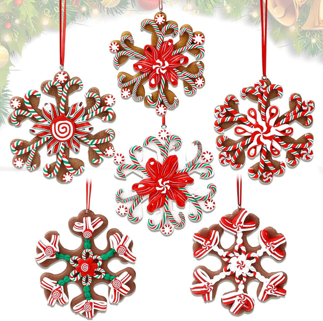 6 Pcs 4 Inch Assorted Christmas Snowflake Ornaments Colorful No Glitter Polymer Clay Ornaments Christmas Tree Decorations with Gingerbread Candy Cane Peppermint Ribbon Candy Design Xmas Home Decor