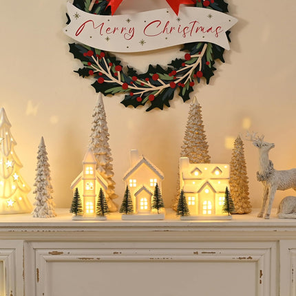 Ceramic White Christmas Village Houses, 3Pcs Light Up Small Porcelain Village House with 6Pcs Christmas Trees, LED Lighted Tabletop House Figurines for Home Decor, Winter Holiday DIY,