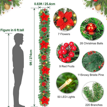 9Ft Pre-Lit Christmas Garland Artificial Indoor Outdoor Decoration, Christmas Garland with Flower Snowy Pine, Garland with Battery Operated for Xmas Mantle,Stairs, Fireplaces, Walls Decor