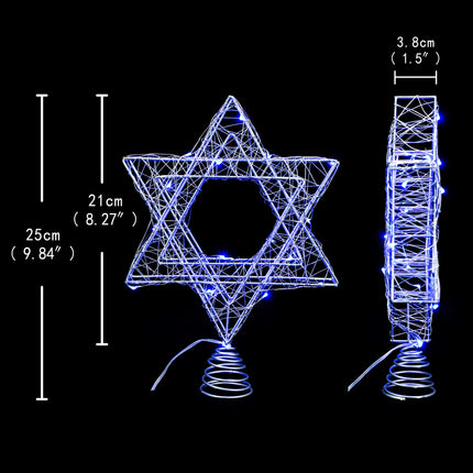 Rattan Star of David Chanukah Christmas Tree Topper, with Blue LED String, Wire Weaving, Battery Powered, 7'' Star Tree Topper for Diwali, Birthday, Wedding, Parties & Home