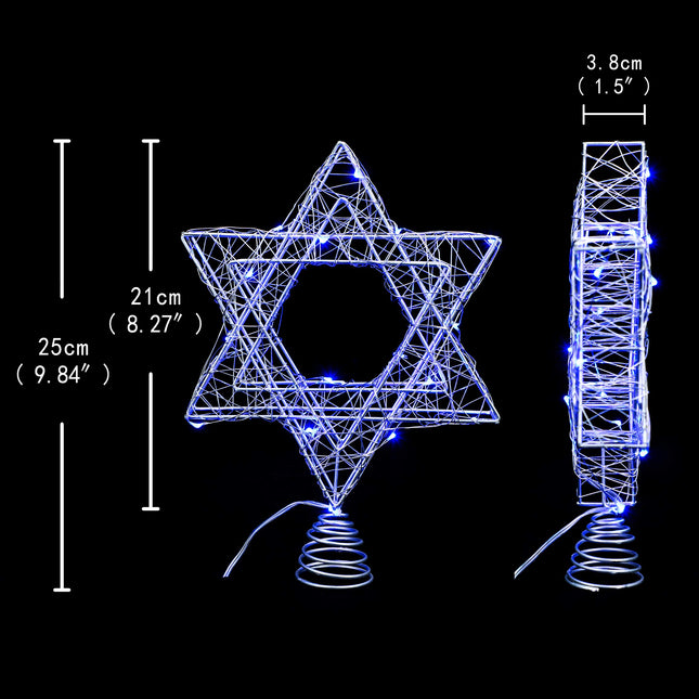 Rattan Star of David Chanukah Christmas Tree Topper, with Blue LED String, Wire Weaving, Battery Powered, 7'' Star Tree Topper for Diwali, Birthday, Wedding, Parties & Home