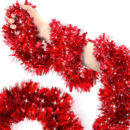 [ 4 String Total 28 Ft ] Valentines Day Red Tinsel Garlands Valentines Red Tree Garland Thick Thin Metallic Streamers Xmas Garland Christmas Decor Home Indoor Outdoor Party Supplies, Each 7Ft by 3.5"