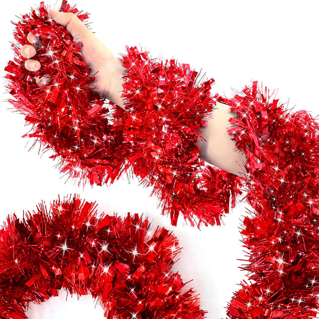 [ 4 String Total 28 Ft ] Valentines Day Red Tinsel Garlands Valentines Red Tree Garland Thick Thin Metallic Streamers Xmas Garland Christmas Decor Home Indoor Outdoor Party Supplies, Each 7Ft by 3.5"