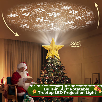 Christmas Tree Topper Lighted with 8 Projection Modes, Christmas Tree Star Topper Built-in LED Rotating Projector Lights, 3D Hollow Lighted Tree Topper Glitter Christmas Tree Decorations (Gold)