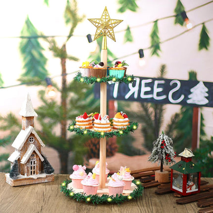 Gerrii 23.6 Inch Christmas Tree Tiered Tray Decoration Christmas Tree Wooden Holder Xmas Tray Decorations Set Include Garland LED Light Golden Star for Holiday Display Light up Tabletop Xmas Tree Tray