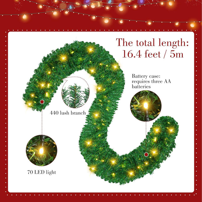 Jexine Christmas Garland Decoration, 16.4 Ft Lighted Xmas Garlands with 70 LED Lights, Christmas Artificial Greenery Garlands Battery Powered String Light for Outdoor Indoor Garden Party(1 Pcs)