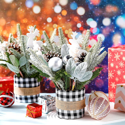 2 Pcs Christmas Table Centerpiece Buffalo Check Plaid Christmas Table Tree Mini Tabletop Artificial Decorations Small Christmas Centerpiece for Winter Home(Black and White)
