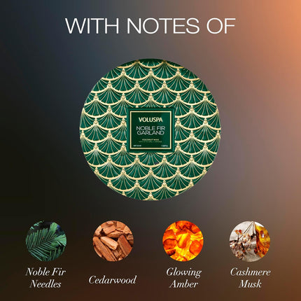 Voluspa Noble Fir Garland, 3 Wick Tin Candle, 12oz, 40 Hour Burn Time, Coconut Wax Candle for The Home, Poured in The USA