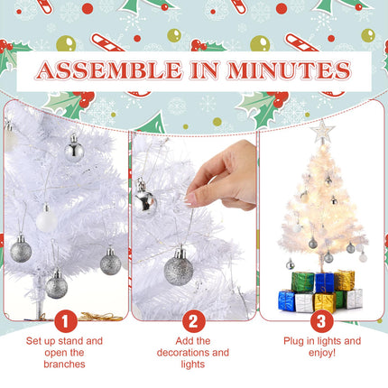 Hotop 2 Pcs Small White Tabletop Christmas Tree with LED Lights DIY Mini Christmas Tree with Hanging Ornaments Star Treetop Decorated Boxes for Christmas Decor