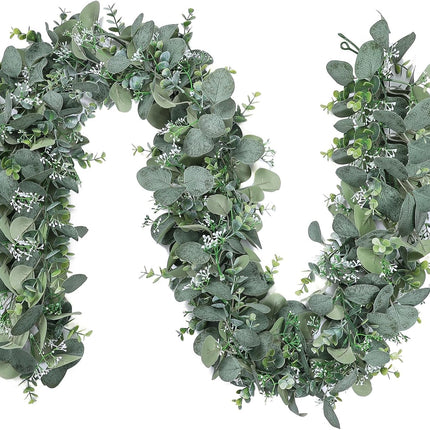 SOMYTING 2PCS 6FT Artificial Mixed Eucalyptus Leaves Garland Faux Silver Dollar Eucalyptus with White Seeds Greenery Vines for Wedding Arch Backdrop Table Mantel Christmas Indoor Outdoor Decor