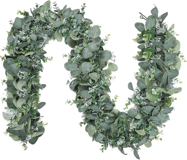 SOMYTING 2PCS 6FT Artificial Mixed Eucalyptus Leaves Garland Faux Silver Dollar Eucalyptus with White Seeds Greenery Vines for Wedding Arch Backdrop Table Mantel Christmas Indoor Outdoor Decor